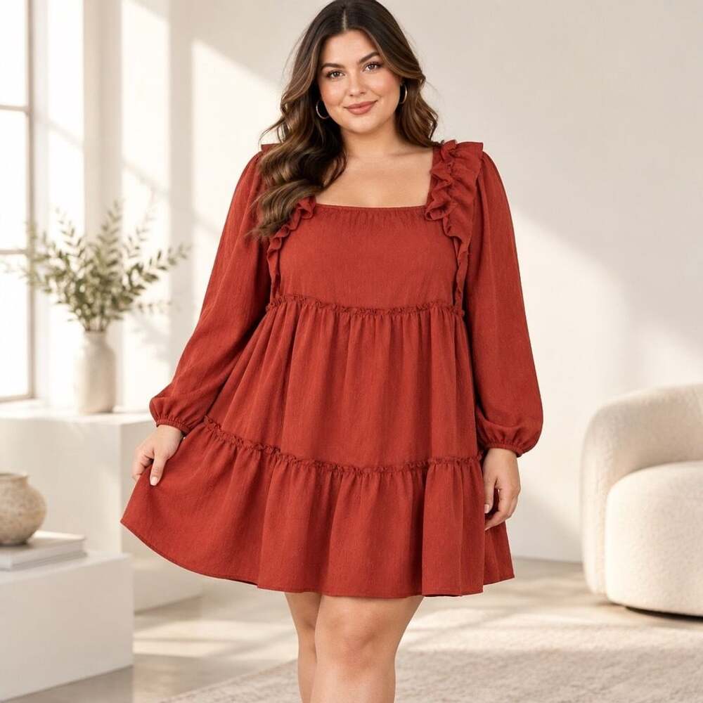 Oddi Tiered Ruffle Mini Dress Size 3XL Rust Brown Long Sleeve Square Neck